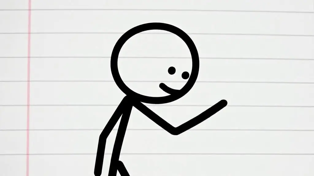 A smiling stick figure on lined notebook paper, mid-gesture, as if noticing the viewer.