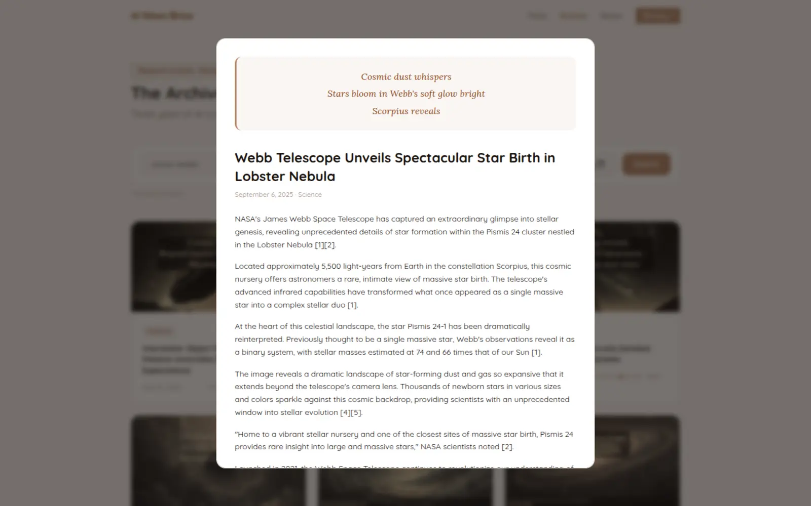 An archived story opened: a three-line haiku about the Webb telescope above the headline "Webb Telescope Unveils Spectacular Star Birth in Lobster Nebula" and a summary with numbered source citations.