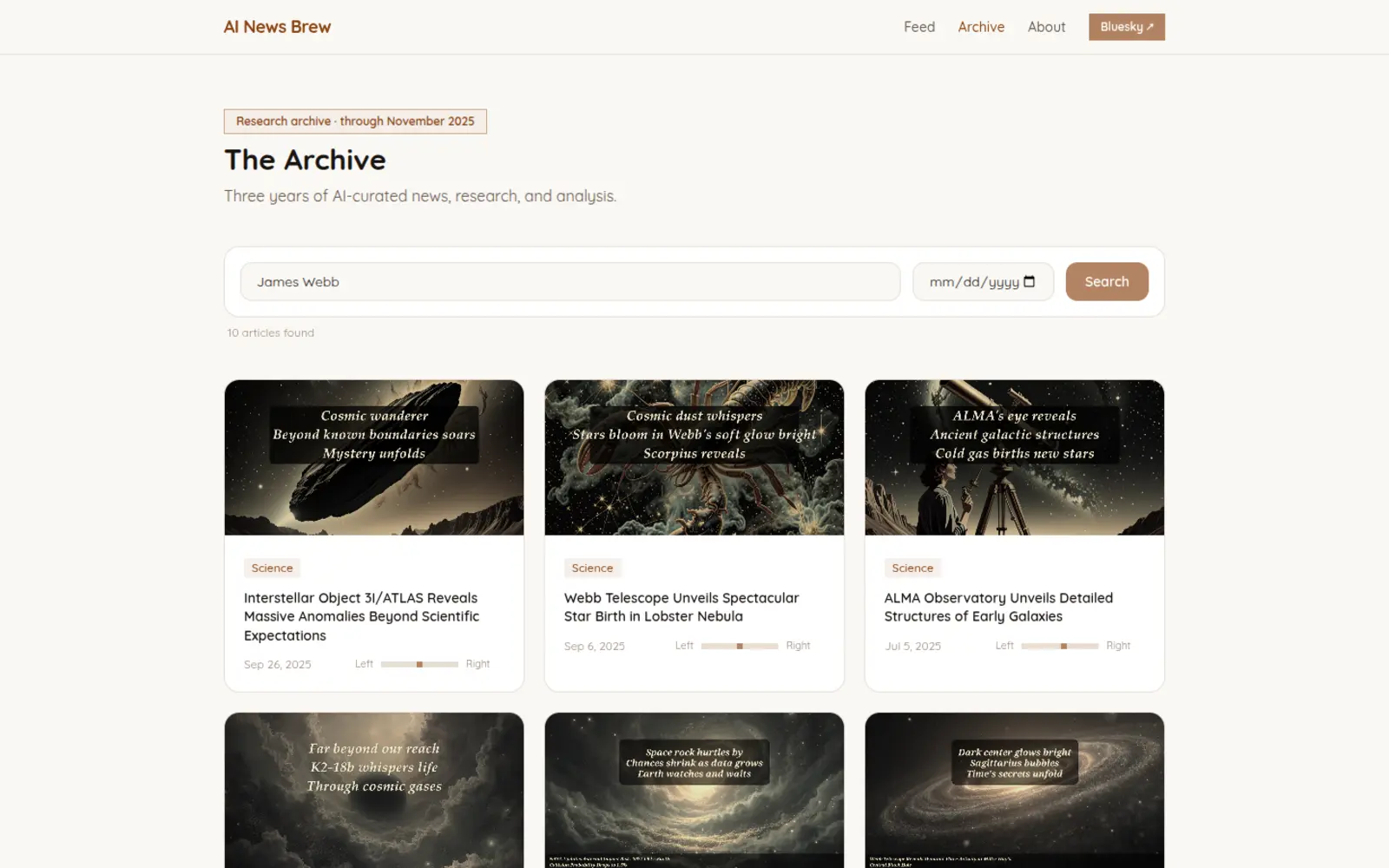 The research archive filtered to Webb telescope stories: cards with sepia generated images, a Science tag, headline, date and a left-to-right bias meter.