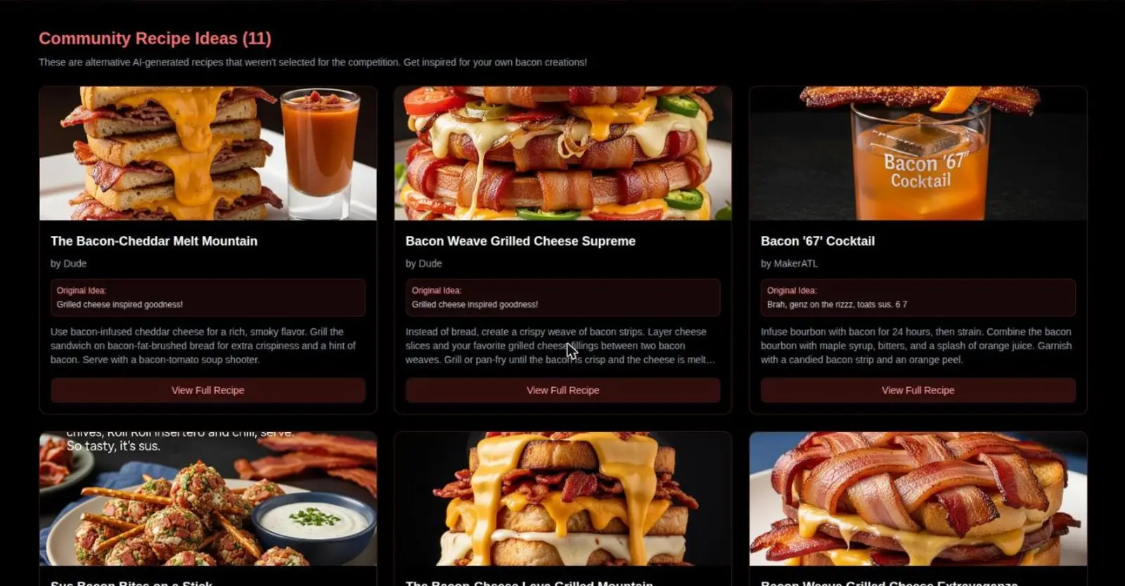 BaconDay’s community recipe book: AI-generated bacon recipes, each with a generated photo (a cheddar melt tower, a bacon-weave grilled cheese, a bacon-infused bourbon cocktail) and the guest’s original one-line idea.