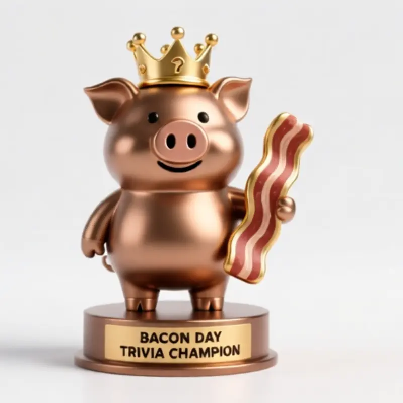 A generated trophy design: a bronze pig wearing a gold crown and holding a strip of bacon, on a plinth engraved "Bacon Day Trivia Champion".
