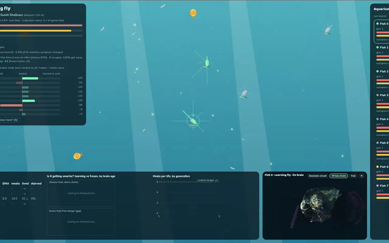 The Little Deep aquarium: fish in blue water among small creatures, with panels for the selected fish’s smell preferences and lives by brain type.