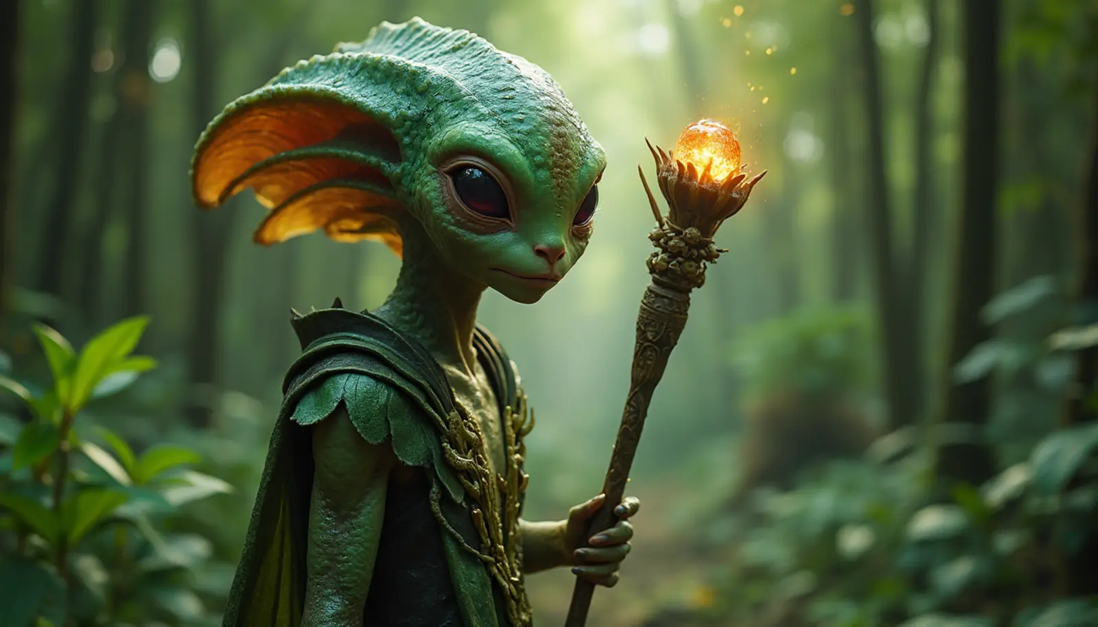 A generated character from the Dreamharvest world: a green, large-eared forest creature in a hooded cloak, holding a staff topped with a glowing ember, in a sunlit wood.
