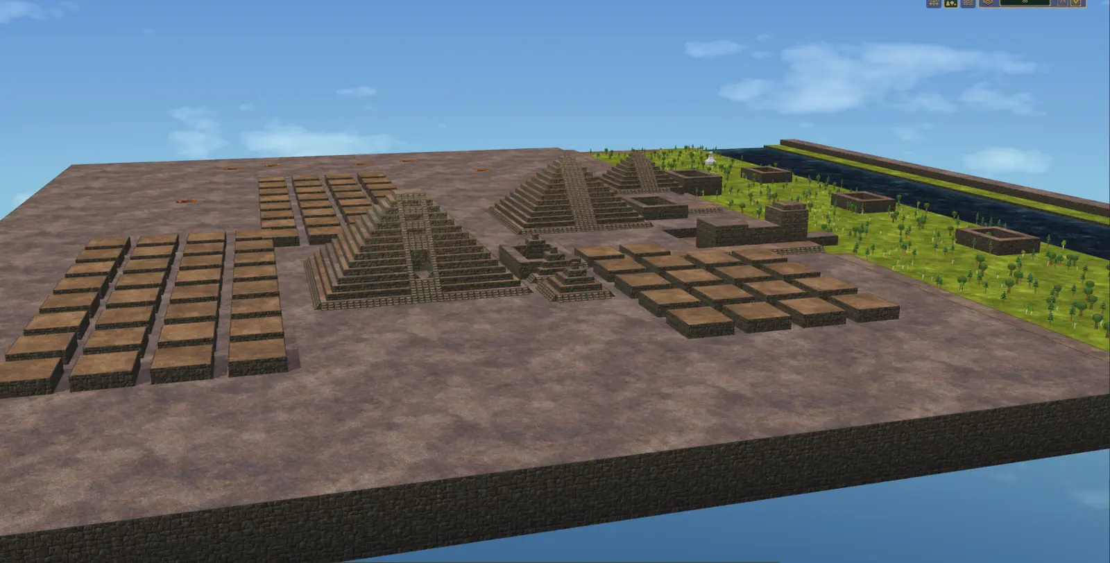 A generated Timberborn map loaded in the game: stepped stone pyramids, rows of terraced plots and a canal beside a strip of grassland on a raised plateau.