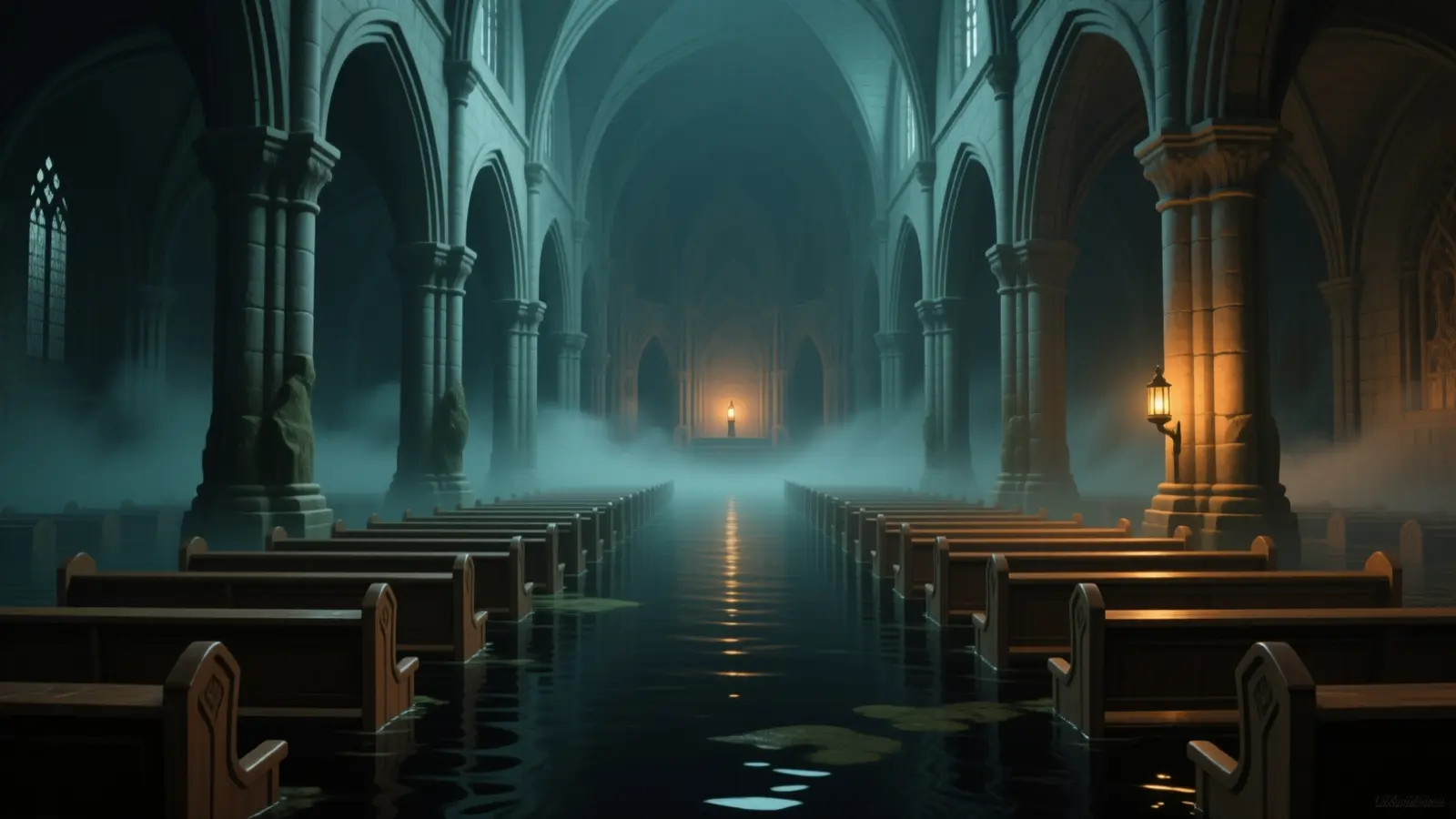 A flooded gothic chapel in teal darkness, rows of pews standing in black water that reflects a single lantern burning at the far end of the nave.