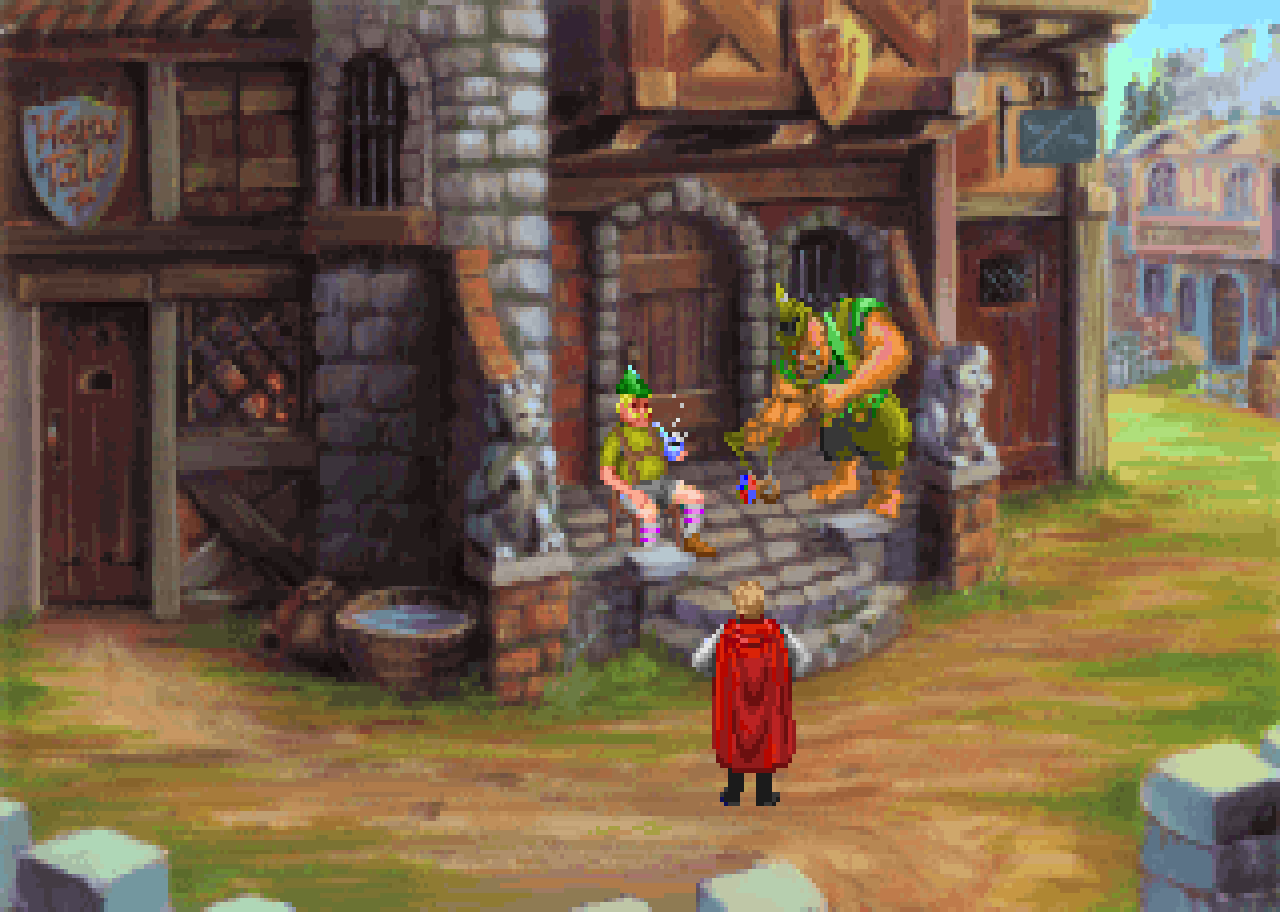 Spielburg’s gate street in the original 1992 VGA art: the hero in his red cape stands before the Sheriff’s house, where Sheriff Schultz sits smoking his pipe and his son Otto plays with a yo-yo on the steps, beside the sign of the Hero’s Tale Inn.
