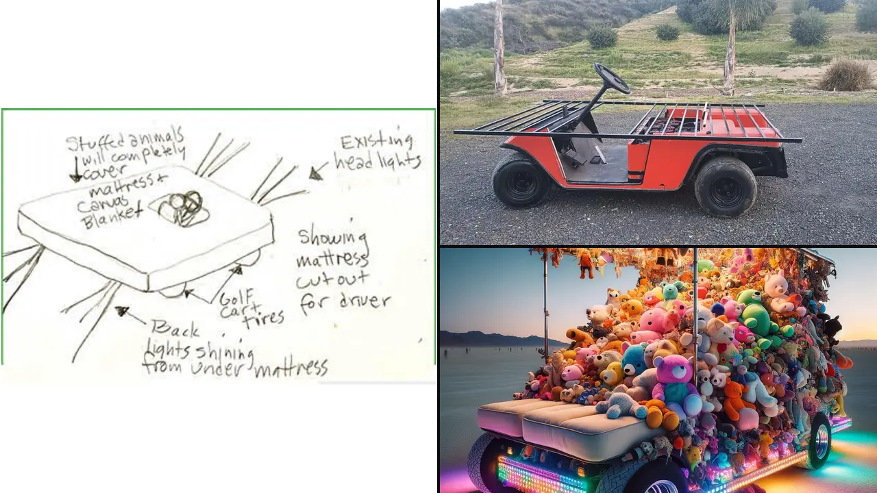 Left, a pencil sketch of a mattress on a cart with notes about stuffed animals, headlights and lights under the mattress. Right, a photo of the red roofless golf cart, and an AI concept render of it piled with colourful stuffed animals and glowing underlights.