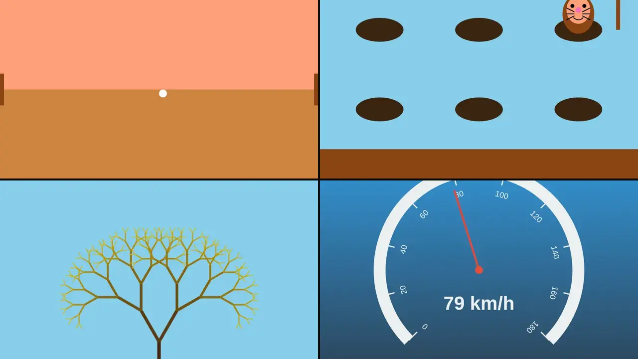 Four model-written canvas animations: pong on a desert-sunset court, a whack-a-mole board, a fractal tree on a blue sky, and a speedometer reading 79 km/h.