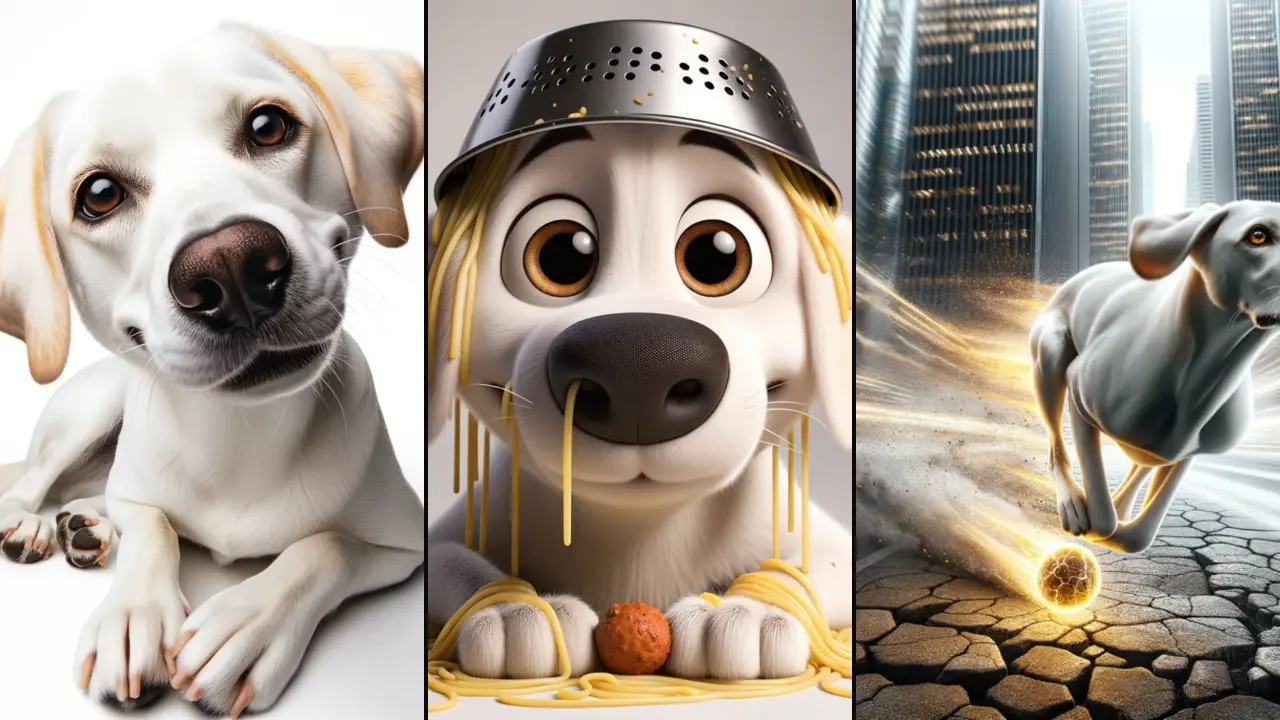 Three AI images of the same white Labrador-hound mix: a studio portrait tilting its head, a 3D cartoon version wearing a colander with spaghetti, and a streaking action shot running through a city.